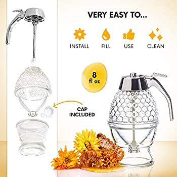 Honey Dispenser with Non Slip Support and Flip Top Lid, No Drip, Honey Jar Glass 8 Ounces for Easy Works, Great for Syrup, Sugar, Sauces, Condiments, - Oshi.pk - Buy & Sell Online