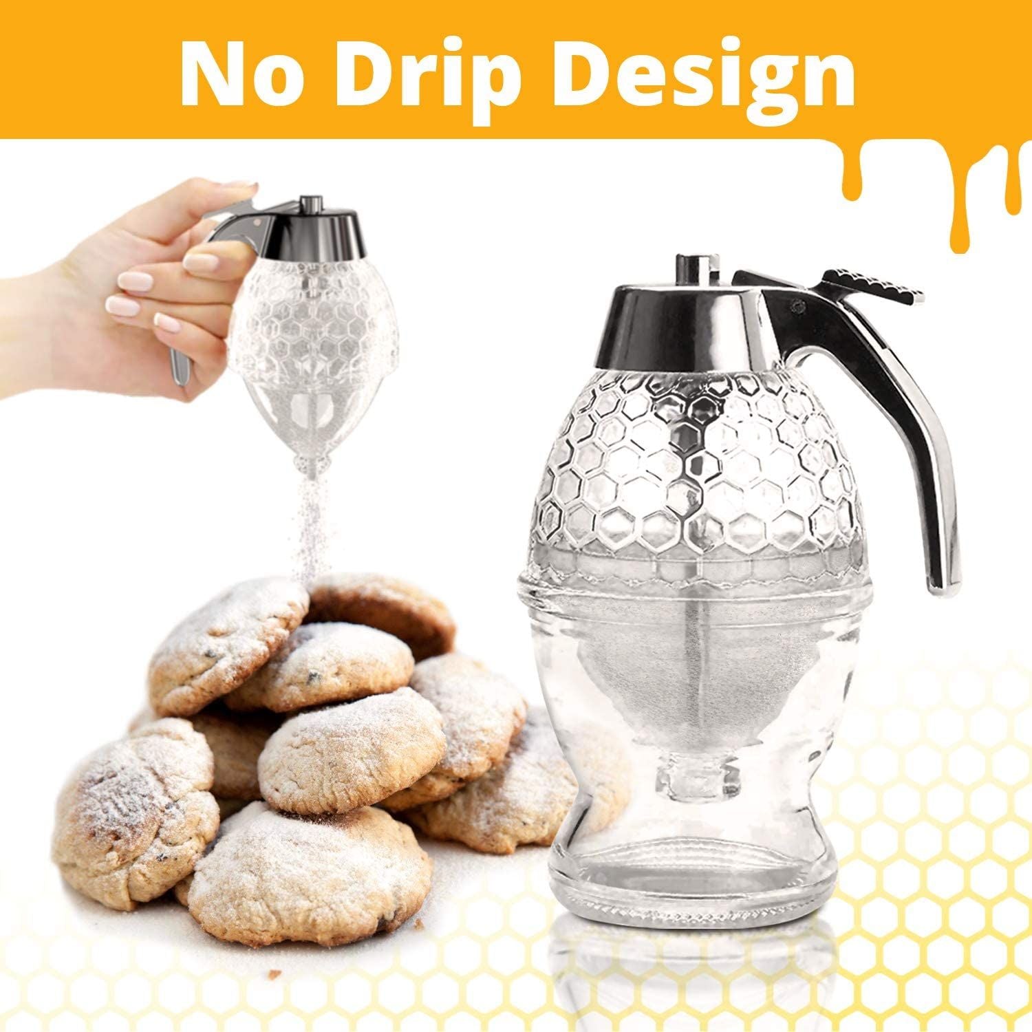 Honey Dispenser with Non Slip Support and Flip Top Lid, No Drip, Honey Jar Glass 8 Ounces for Easy Works, Great for Syrup, Sugar, Sauces, Condiments, - Oshi.pk - Buy & Sell Online