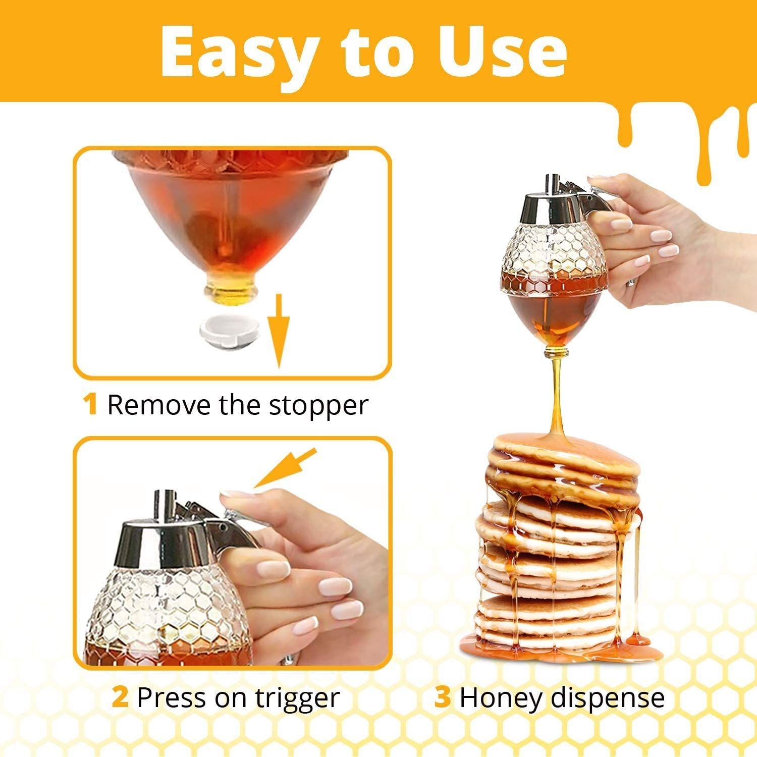 Honey Dispenser with Non Slip Support and Flip Top Lid, No Drip, Honey Jar Glass 8 Ounces for Easy Works, Great for Syrup, Sugar, Sauces, Condiments, - Oshi.pk - Buy & Sell Online