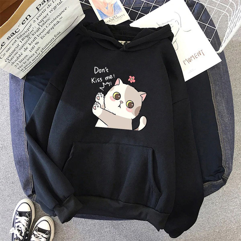 Hoodies For WOMEN & GIRL DONT KISS ME CAT Printed Kangaroo Pocket Drawstring Pullovers Clothing Long Sleeves Export Quality Winter Wear