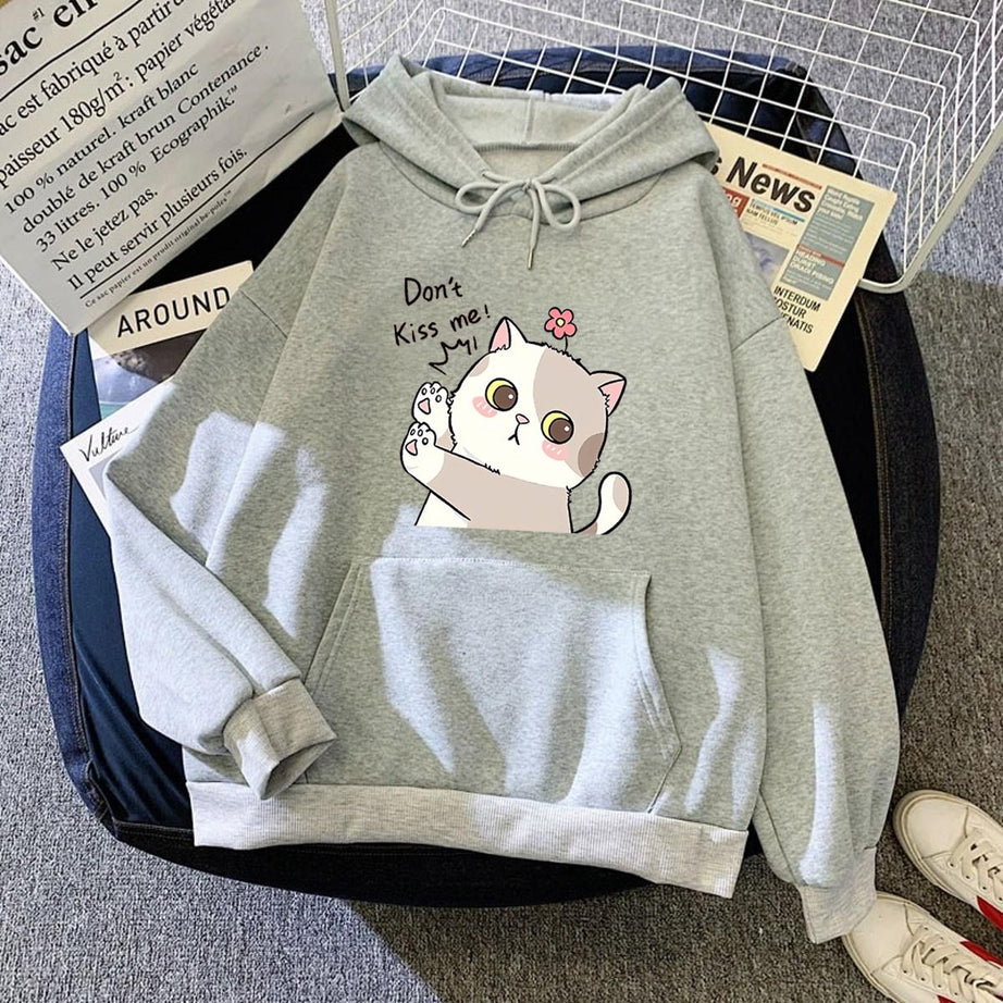 Hoodies For WOMEN & GIRL DONT KISS ME CAT Printed Kangaroo Pocket Drawstring Pullovers Clothing Long Sleeves Export Quality Winter Wear - Oshi.pk - Buy & Sell Online