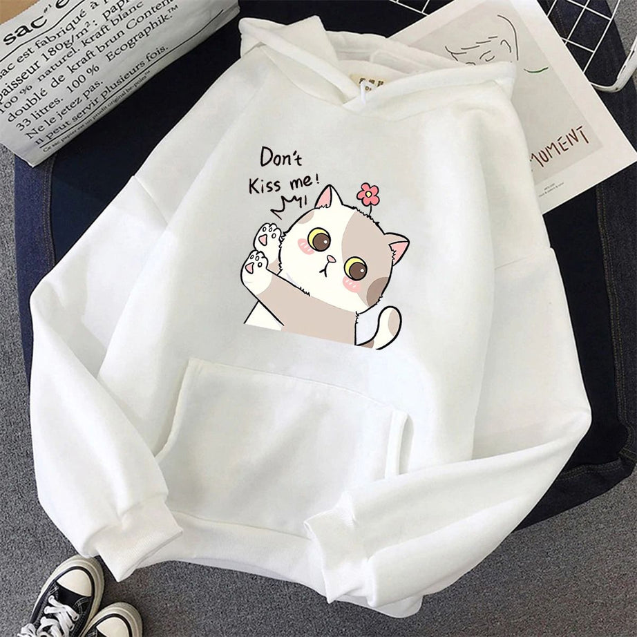 Hoodies For WOMEN & GIRL DONT KISS ME CAT Printed Kangaroo Pocket Drawstring Pullovers Clothing Long Sleeves Export Quality Winter Wear