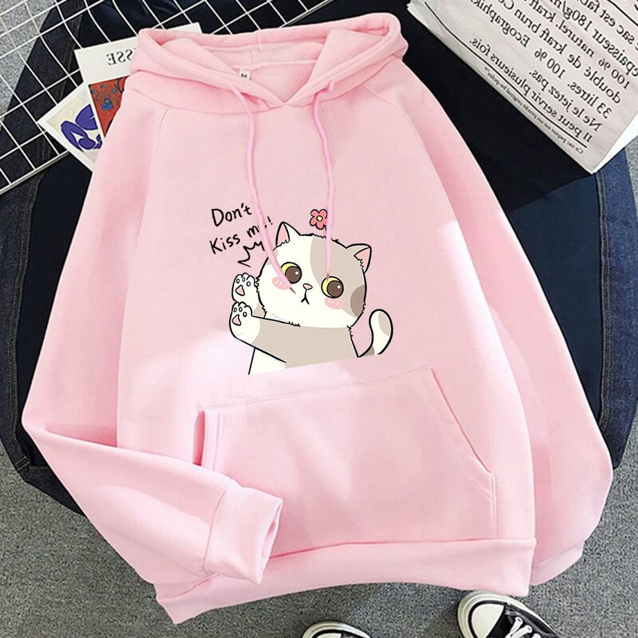 Hoodies For WOMEN & GIRL DONT KISS ME CAT Printed Kangaroo Pocket Drawstring Pullovers Clothing Long Sleeves Export Quality Winter Wear - Oshi.pk - Buy & Sell Online