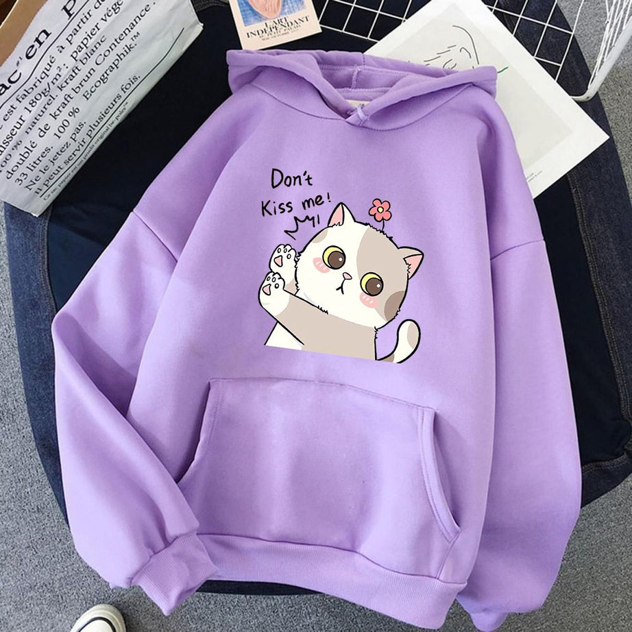 Hoodies For WOMEN & GIRL DONT KISS ME CAT Printed Kangaroo Pocket Drawstring Pullovers Clothing Long Sleeves Export Quality Winter Wear