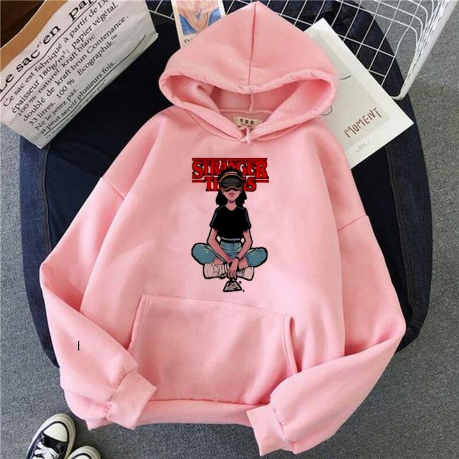 Hoodies For WOMEN & GIRL STRANGERTHING Printed Kangaroo Pocket Drawstring Pullovers Clothing Long Sleeves Export Quality Winter Wear - Oshi.pk - Buy & Sell Online