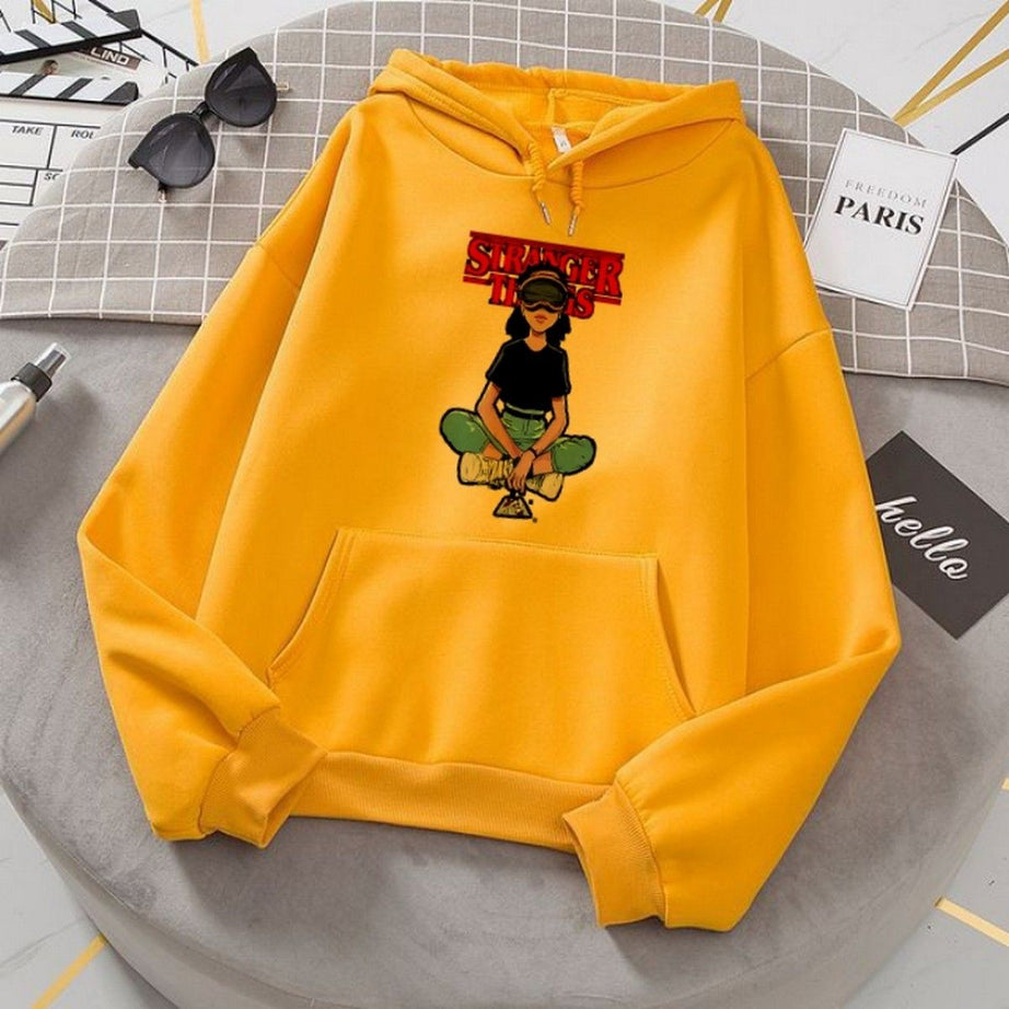 Hoodies For WOMEN & GIRL STRANGERTHING Printed Kangaroo Pocket Drawstring Pullovers Clothing Long Sleeves Export Quality Winter Wear