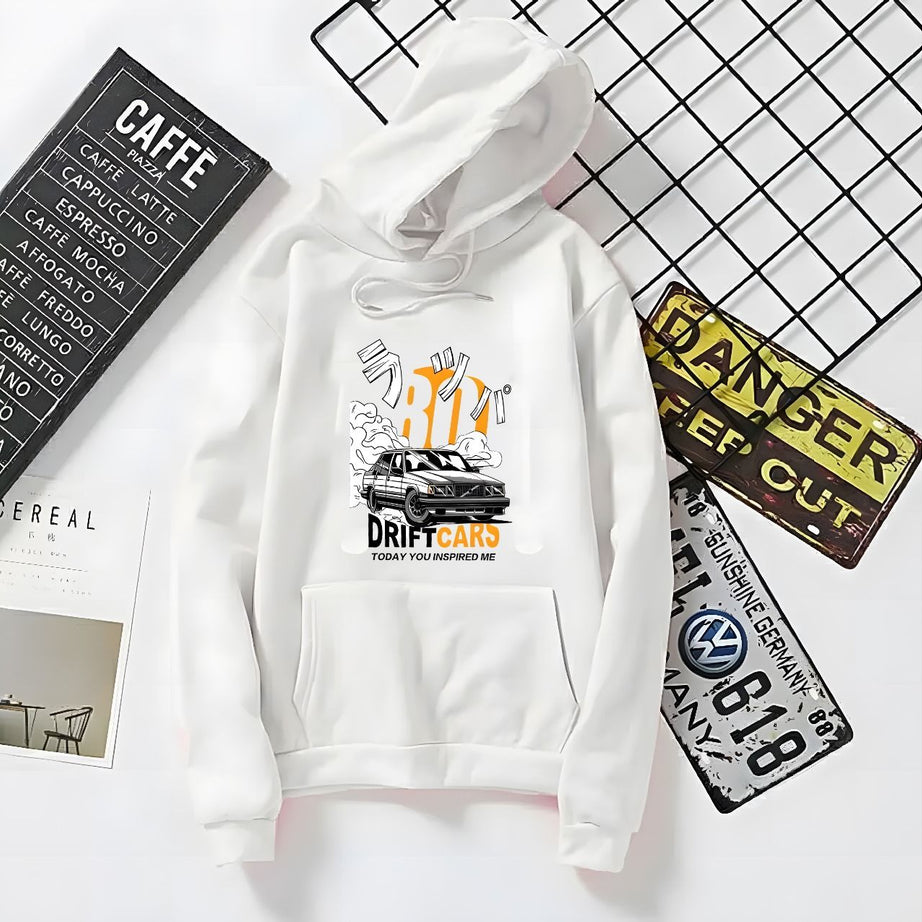 Huddie For Men n Boys Car Drift Printed In White Hoodie Printed Kangaroo Hoodie Pocket Drawstring Pullovers Long Sleeves  Winter Wear