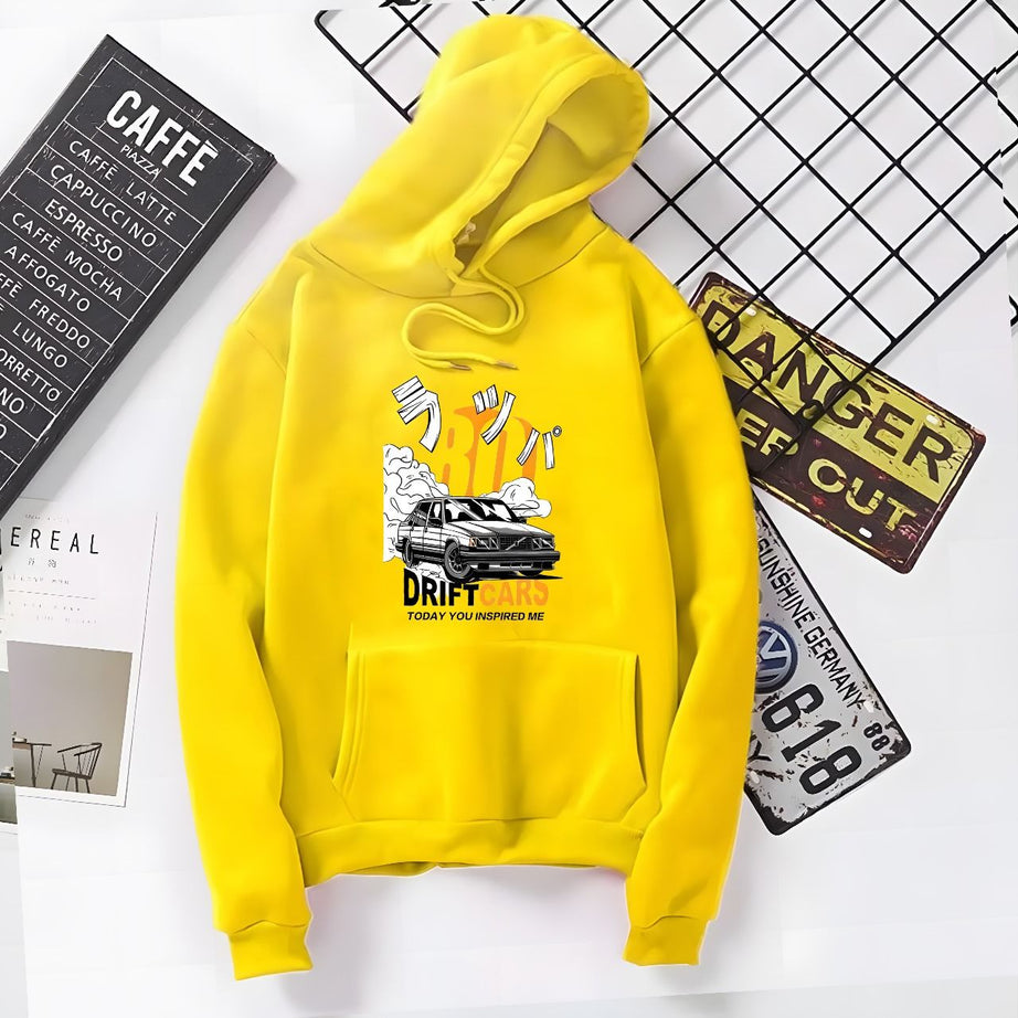 Huddie For Men n Boys Car Drift Printed In Yellow Hoodie Printed Kangaroo Hoodie Pocket Drawstring Pullovers Long Sleeves  Winter Wear