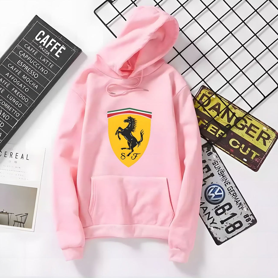 Huddie For Women & Girls Ferrari Printed Fleece Full Sleeves Pull Over Hoodie In Pink