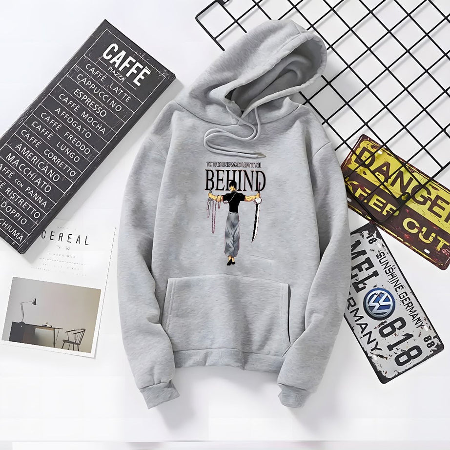 To The One Who Left It All Behind Printed Grey Hoodie Printed Kangaroo Hoodie Pocket Drawstring Pullovers Long Sleeves  Winter Wear