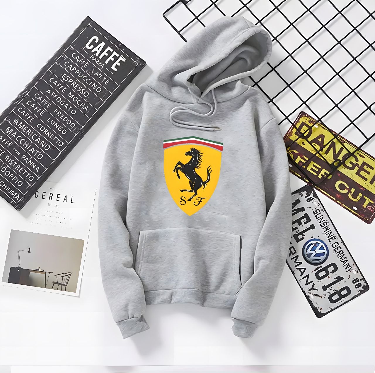 Huddie For Women & Girls Ferrari Printed Fleece Full Sleeves Pull Over Hoodie In GREY - Oshi.pk - Buy & Sell Online