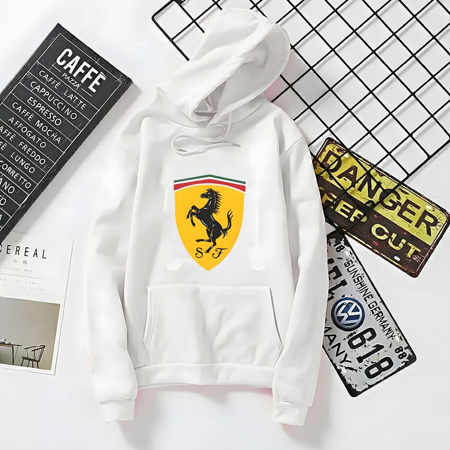 Huddie For Women & Girls Ferrari Printed Fleece Full Sleeves Pull Over Hoodie In white - Oshi.pk - Buy & Sell Online