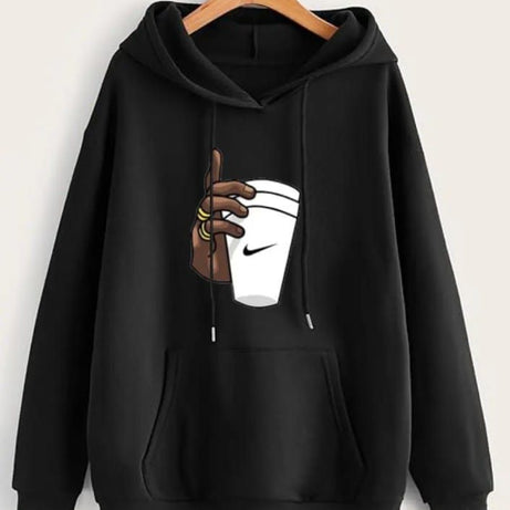 Huddie Hand with Cup Printed In black Hoodie Printed Kangaroo Hoodie Pocket Drawstring Pullovers Long Sleeves  Winter Wear