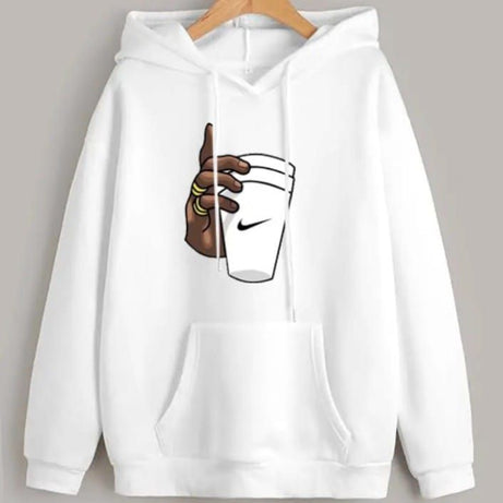 Huddie Hand with Cup Printed In White Hoodie Printed Kangaroo Hoodie Pocket Drawstring Pullovers Long Sleeves Winter Wear - Oshi.pk - Buy & Sell Online