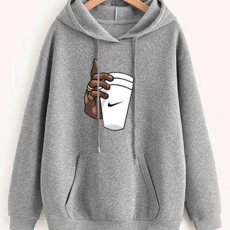 Huddie Hand with Cup Printed In Grey Hoodie Printed Kangaroo Hoodie Pocket Drawstring Pullovers Long Sleeves  Winter Wear