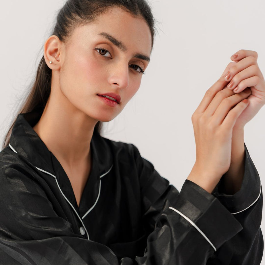 Valerie Nightwear Shadow Stripe Pajama Set this Vintage-Looking two-piece has a relaxed and feels Cool and Smooth Sleepwear - Oshi.pk - Buy & Sell Online