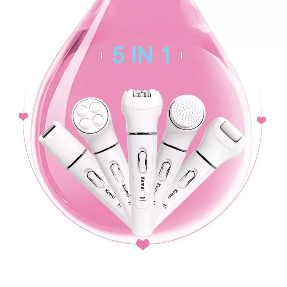 Kemei KM-2199 5-in-1 Electric Hair Remover Trimmer Wet and Dry Rechargeable Lady Shaver Epilator Facial Massage Tool Kit with