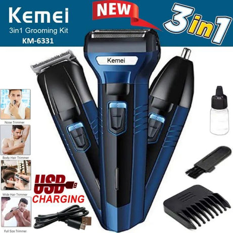 KEMEI KM 6330 - 3 in 1 Professional Rechargeable Hair Clipper Trimmer & Shaver Men Grooming Kit Hair Removal Machine Nose Trimmer - Oshi.pk - Buy & Sell Online