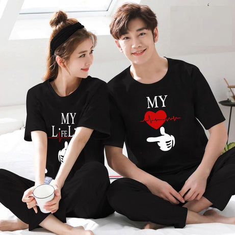 Couple My Life Line Tshirt Pajama Half Sleeves Night Dress By Hk Oufits