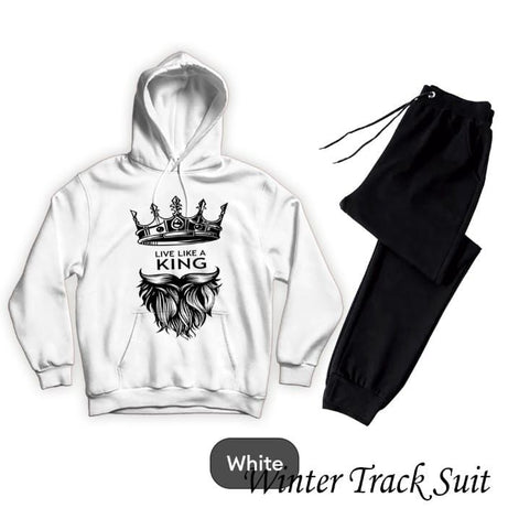 King style Printed Tracksuit White Huddie & Black Trouser Trendy And Amazing Fleece Pocket Drawstring Winter Wear Smart Fit Hoody