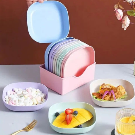 Kitchen Accessories Square Plastic Dinner Plate Set (Set of 10 Pcs) Colorful Snacks/Breakfast Plate with Stand Kitchen Tools - 10Pcs - MultiColor - Oshi.pk - Buy & Sell Online