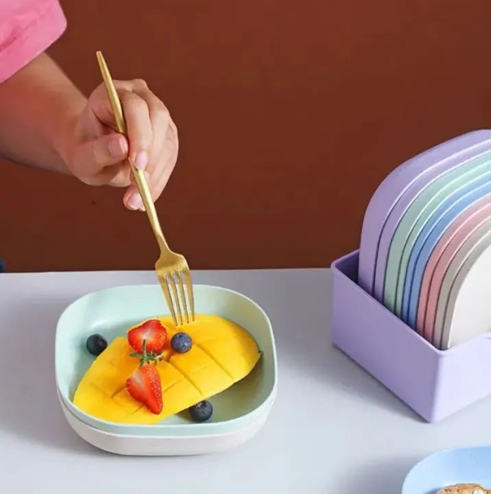 Kitchen Accessories Square Plastic Dinner Plate Set (Set of 10 Pcs) Colorful Snacks/Breakfast Plate with Stand Kitchen Tools - 10Pcs - MultiColor - Oshi.pk - Buy & Sell Online