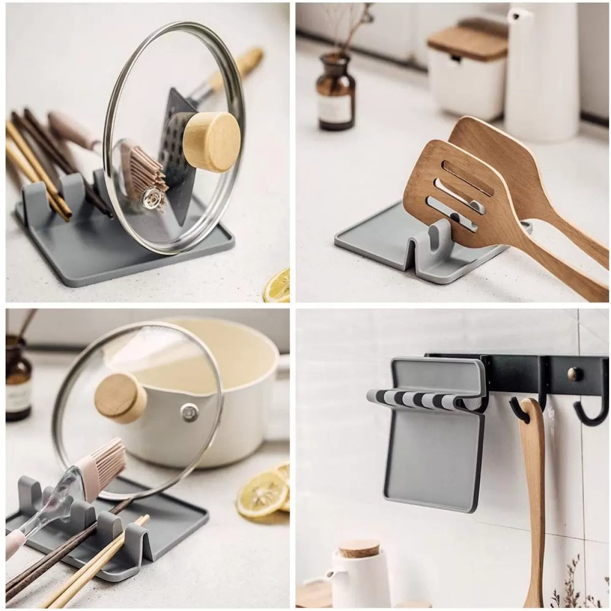 Kitchen Spoon Holders Fork Spatula Rack Shelf Tong Hooks Organizer Plastic Spoon Rest Mat Chopsticks Holder Non Slip Spoons Pad Kitchen Utensil