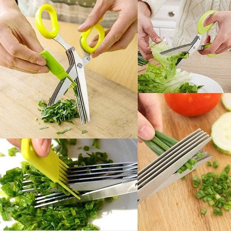 Kitchen Tools & Gadgets Multi-Functional Stainless Steel Knives 5 Layers Scissors Cut Herb Spices Vegetable Cutter with Cleaning Brush - Oshi.pk - Buy & Sell Online