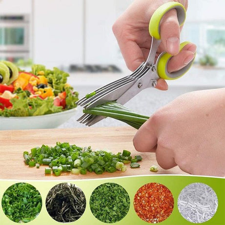 Kitchen Tools & Gadgets Multi-Functional Stainless Steel Knives 5 Layers Scissors Cut Herb Spices Vegetable Cutter with Cleaning Brush - Oshi.pk - Buy & Sell Online