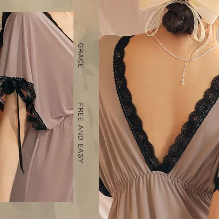 Lace Trim Bow Batwing Sleeve Mesh Nightdress (Grey) - Oshi.pk - Buy & Sell Online