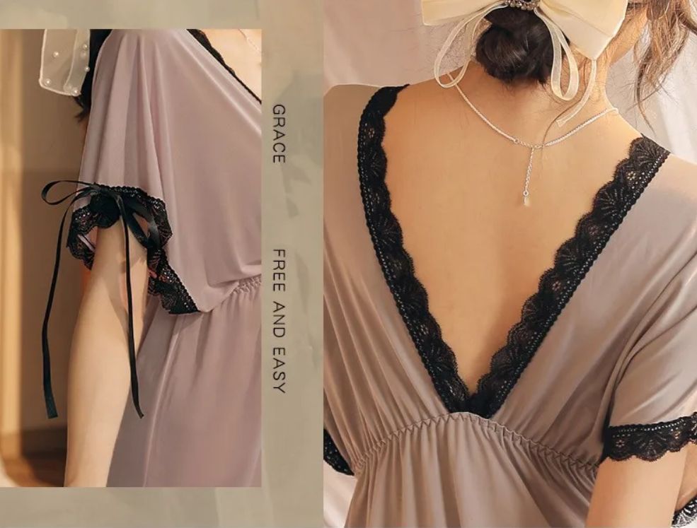 Lace Trim Bow Batwing Sleeve Mesh Nightdress (Grey) - Oshi.pk - Buy & Sell Online