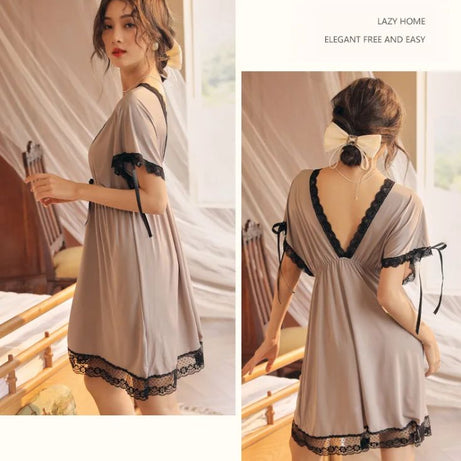 Lace Trim Bow Batwing Sleeve Mesh Nightdress (Grey) - Oshi.pk - Buy & Sell Online