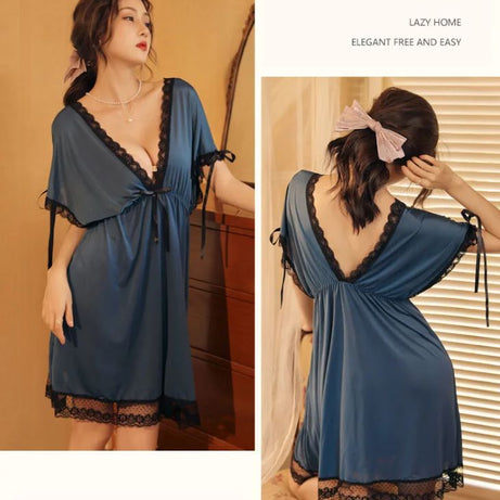 Lace Trim Bow Batwing Sleeve Mesh Nightdress (Blue) - Oshi.pk - Buy & Sell Online