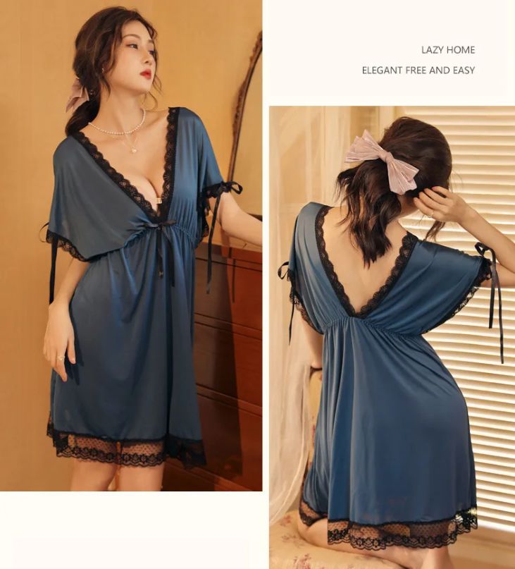Lace Trim Bow Batwing Sleeve Mesh Nightdress (Blue) - Oshi.pk - Buy & Sell Online