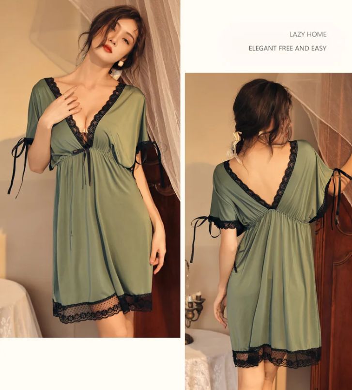 Lace Trim Bow Batwing Sleeve Mesh Nightdress (Green) - Oshi.pk - Buy & Sell Online