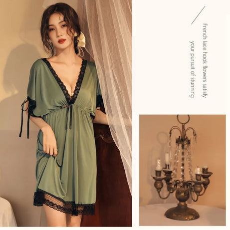 Lace Trim Bow Batwing Sleeve Mesh Nightdress (Green) - Oshi.pk - Buy & Sell Online