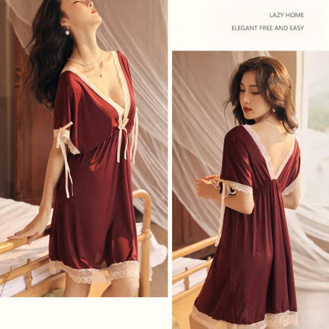 Lace Trim Bow Batwing Sleeve Mesh Nightdress (Maroon) - Oshi.pk - Buy & Sell Online