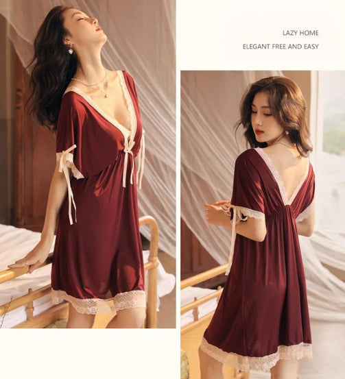 Lace Trim Bow Batwing Sleeve Mesh Nightdress (Maroon) - Oshi.pk - Buy & Sell Online