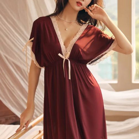 Lace Trim Bow Batwing Sleeve Mesh Nightdress (Maroon) - Oshi.pk - Buy & Sell Online