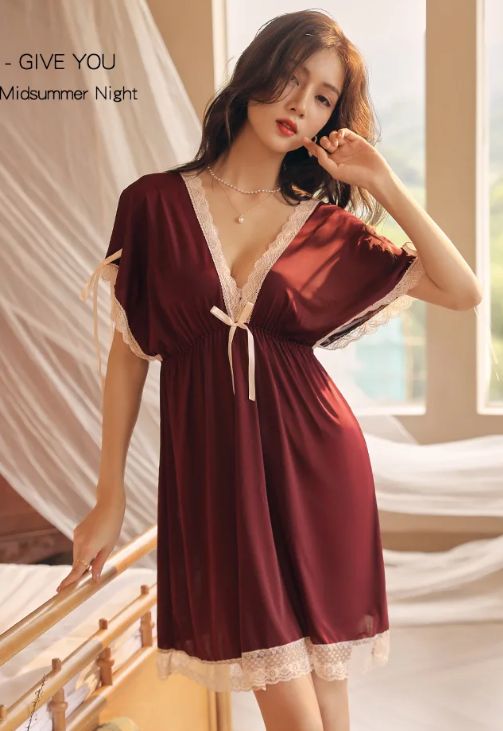 Lace Trim Bow Batwing Sleeve Mesh Nightdress (Maroon) - Oshi.pk - Buy & Sell Online