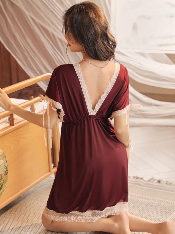 Lace Trim Bow Batwing Sleeve Mesh Nightdress (Maroon) - Oshi.pk - Buy & Sell Online