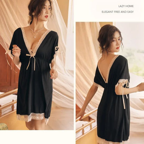 Lace Trim Bow Batwing Sleeve Mesh Nightdress (Black) - Oshi.pk - Buy & Sell Online