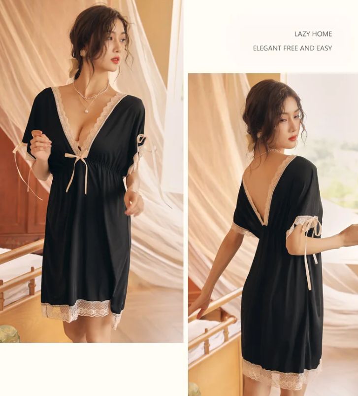 Lace Trim Bow Batwing Sleeve Mesh Nightdress (Black) - Oshi.pk - Buy & Sell Online