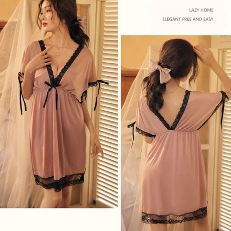 Lace Trim Bow Batwing Sleeve Mesh Nightdress (Tea-Pink) - Oshi.pk - Buy & Sell Online