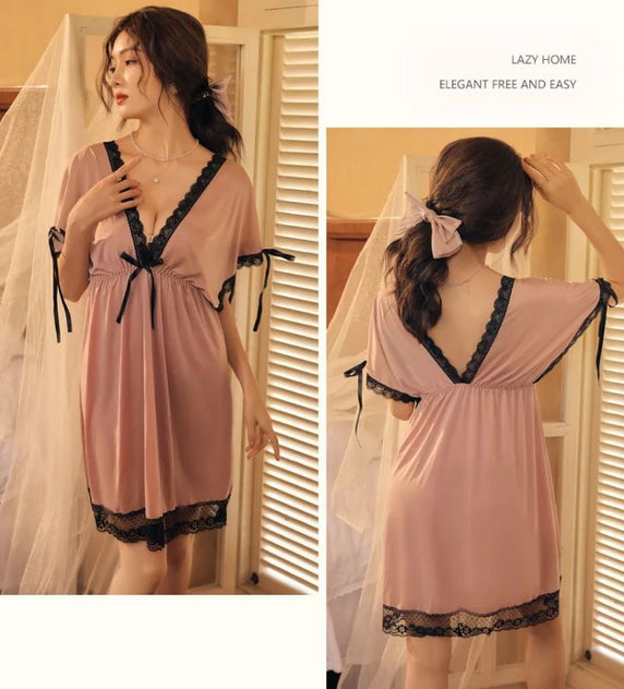 Lace Trim Bow Batwing Sleeve Mesh Nightdress (Tea-Pink) - Oshi.pk - Buy & Sell Online