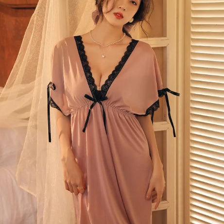 Lace Trim Bow Batwing Sleeve Mesh Nightdress (Tea-Pink) - Oshi.pk - Buy & Sell Online