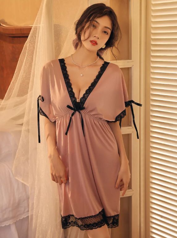 Lace Trim Bow Batwing Sleeve Mesh Nightdress (Tea-Pink) - Oshi.pk - Buy & Sell Online