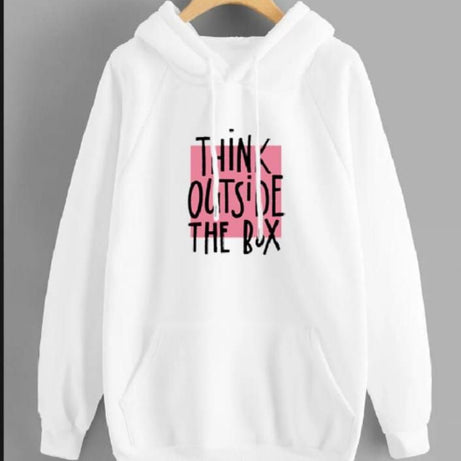 Think Outside The Box Printed White Fleece Full Sleeves Pull Over Hoodie Women & Girls= - Oshi.pk - Buy & Sell Online