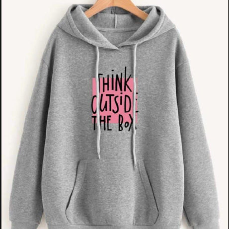 Think Outside The Box Printed Grey Fleece Full Sleeves Pull Over Hoodie In Grey For Women & Girls - Oshi.pk - Buy & Sell Online