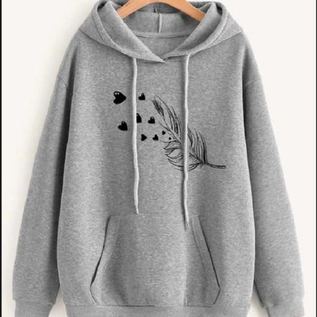 Leaf Printed Fleece Full Sleeves Pull Over Hoodie In Grey For Women & Girls - Oshi.pk - Buy & Sell Online